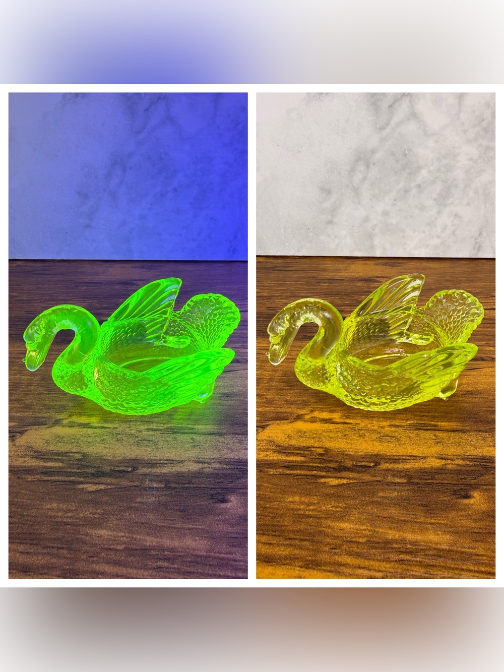 Mosser Glass Uranium Vaseline Swan Open Salt Cellar Dish UV Glow Vintage